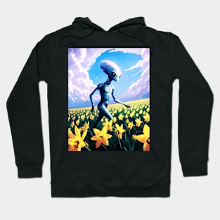 Alien walking through a vast field of yellow daffodils 4 Hoodie